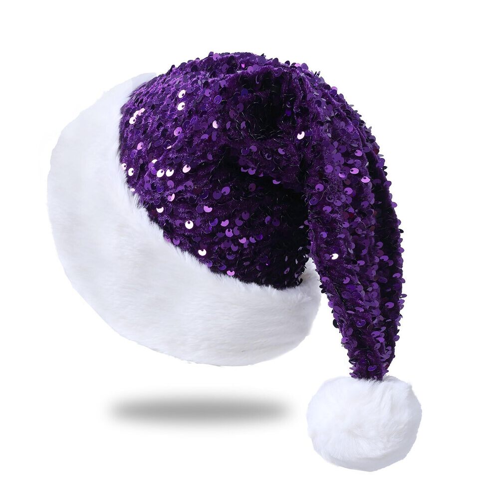 1561 Sequin Santa Hat for Adults with Shiny Sequin and Fluffy Pompom, Party